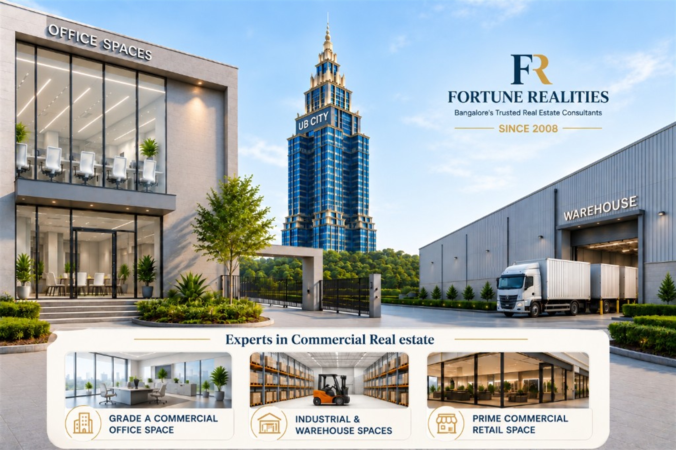 Fortune Realties, Bangalore's trusted real estate consultants since 2008: office spaces, UB City, warehouses, and commercial retail